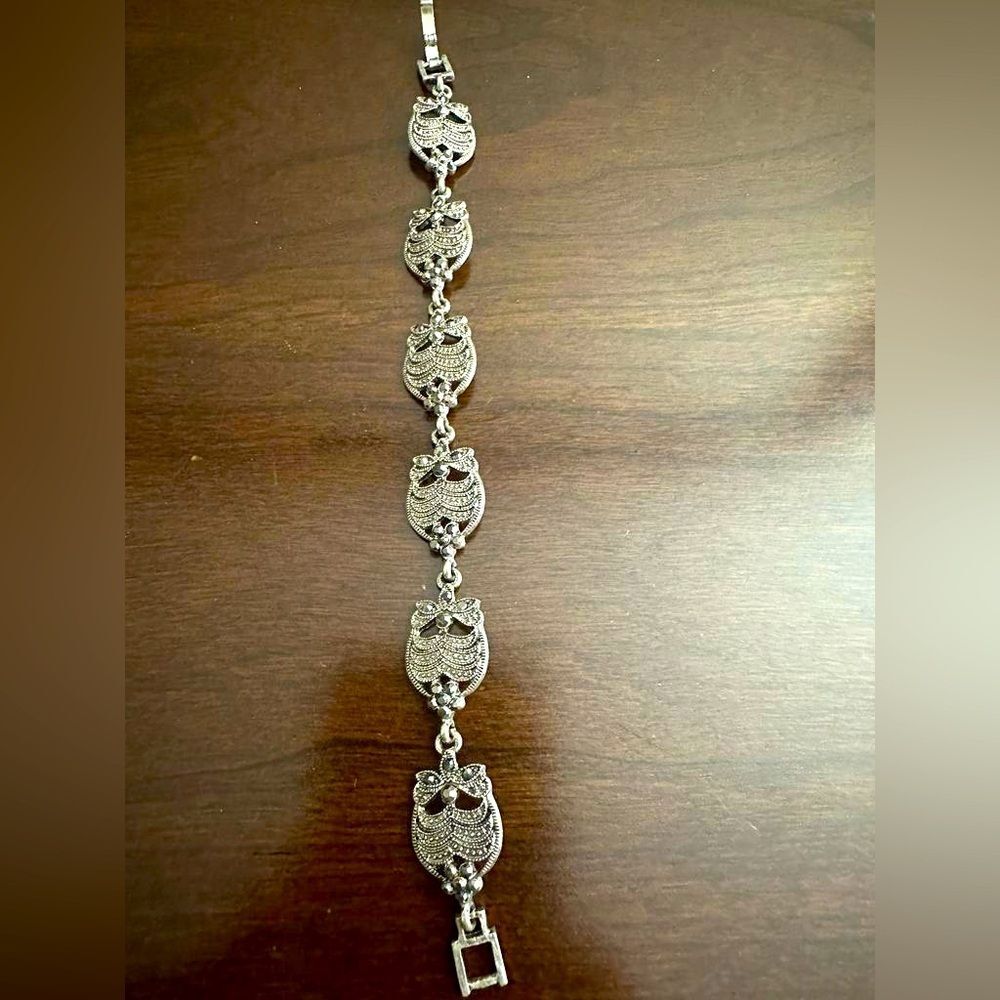 Silver tone oxidized metal owl women’s bracelet